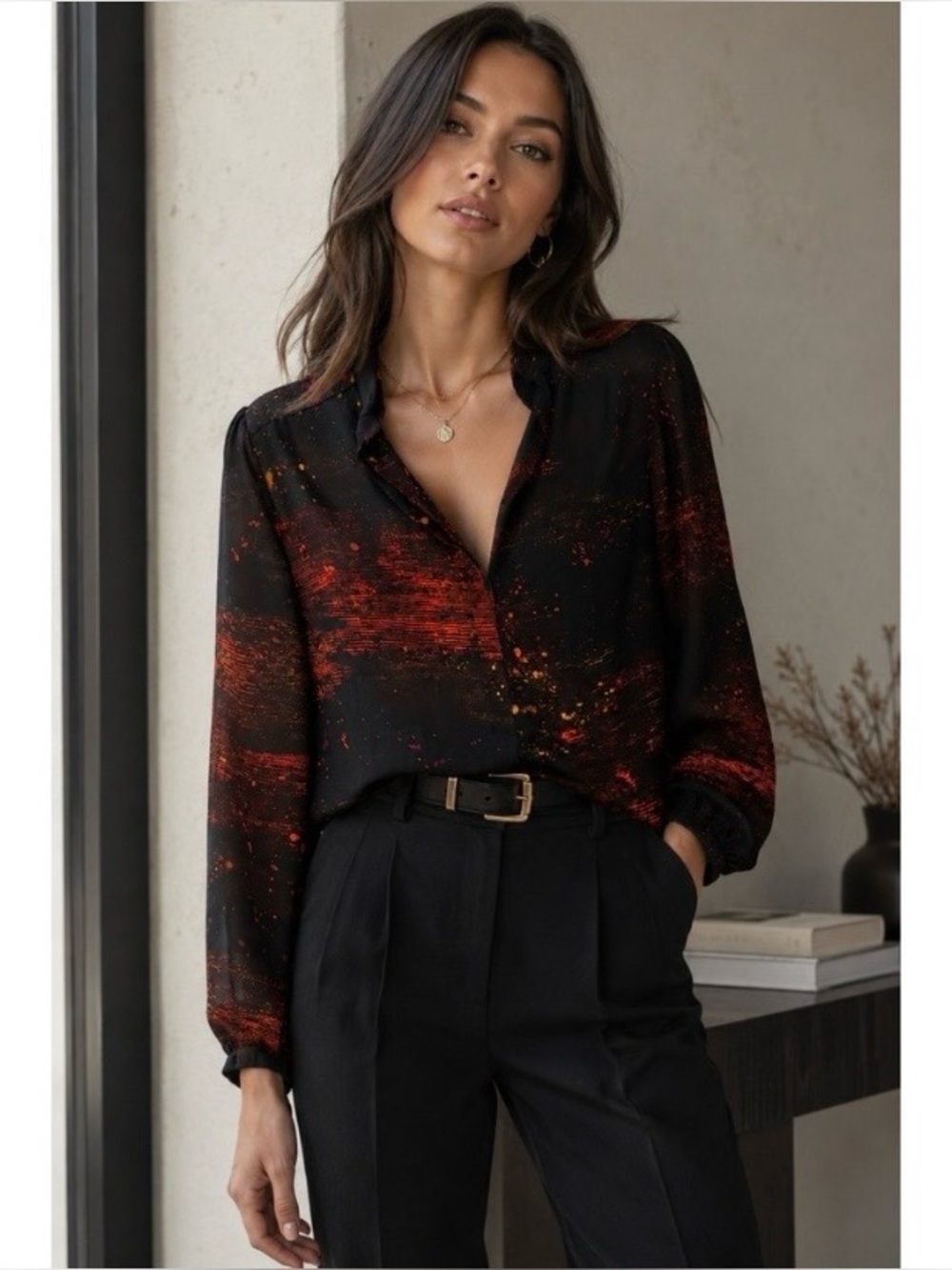 Vivienne Tam Semi Sheer Abstract Black and Orange Blouse 6